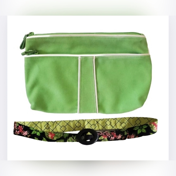 Vera Bradley BUNDLE Lime Green Clutch Purse/ Cosmetic Bag + Reversible Belt - Picture 1 of 16